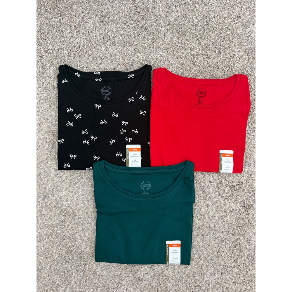 Wonder Nation Girls Long Sleeve Shirt 3-Pack Red/Green/Bow Print – Size XL Plus